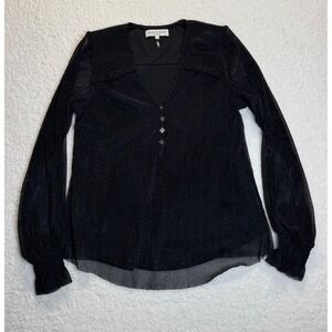 Hale Bob Black Sheer Metallic Pleated Long Sleeve V Neck Blouse Top‎ M